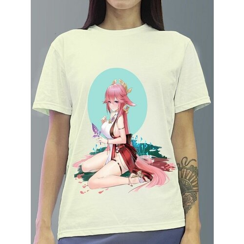 фото Футболка женская белая молочный оттенок из хлопка с dtf рисунком игра genshin impact - 960 будь на стиле