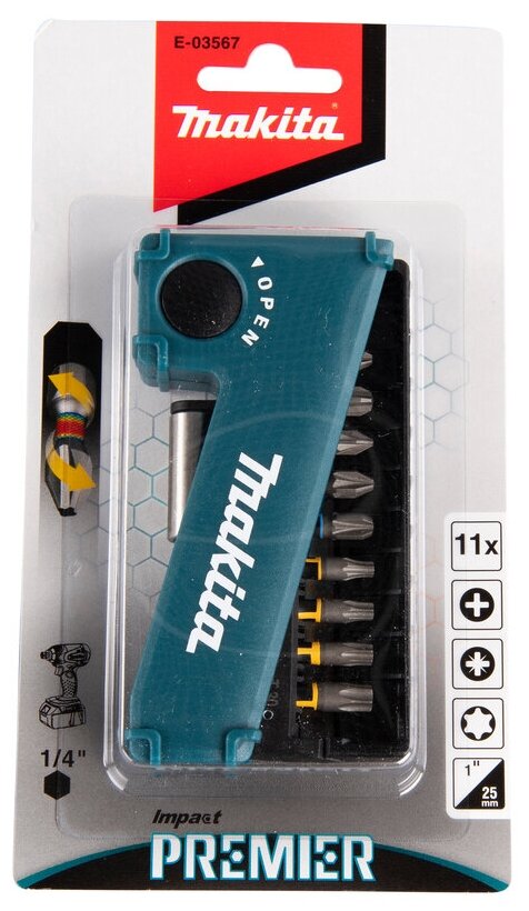 Набор бит MAKITA 11шт, Impact Premier, 25мм, C-form (PH, PZ, T, магнит. держ-ль) E-03567