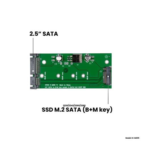 Адаптер-переходник для установки SSD M.2 SATA (B+M key) в разъем 2.5 SATA, NFHK N-M205 адаптер переходник для установки ssd m 2 sata b m key в разъем 2 5 sata черный nfhk n m2ng lb