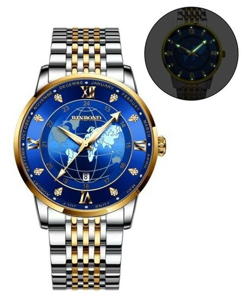 Наручные часы кварцевые мужские, d-4 см, ремешок l-26 см, 5 АТМ, светящиеся, синий