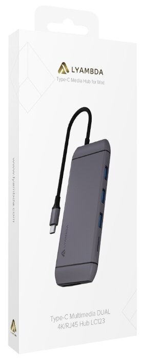 Разветвитель хаб Type- C Multimedia DUAL 4KRJ45 Hub Lyambda Slim Aluminum LC123 Gray