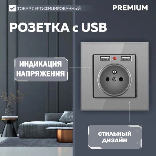 Розетка с 2 USB Серая