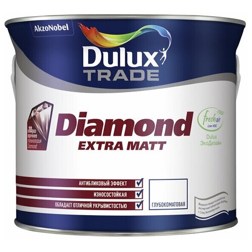 Краска в/д DULUX Trade Diamond Extra matt база BС для стен и потолков 2,25л бесцветная, арт.5273958 краска для стен и потолков dulux diamond matt износостойкая моющаяся матовая база bw 2 5 л 5717513