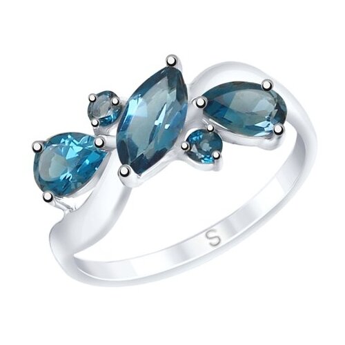 Кольцо SOKOLOV, серебро, 925 проба, родирование, топаз, размер 16.5, синий кольцо из серебра с синими топазами и синими фианитами 92011419 sokolov размер 18 5