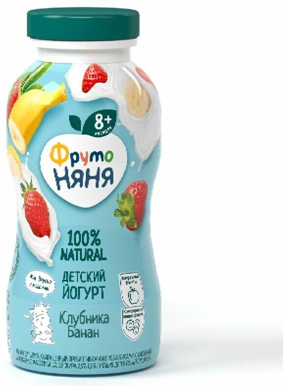 Йогурт ФрутоНяня клубника-банан с 8 месяцев 2.5%, 200мл