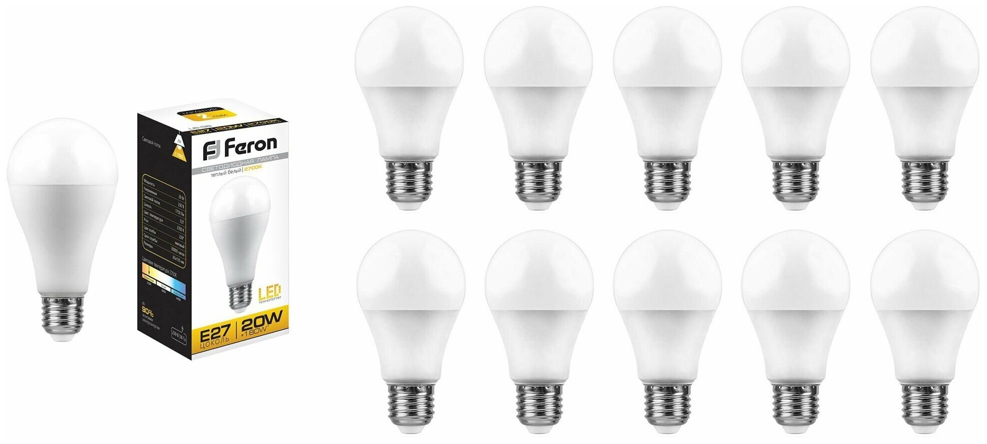 Лампочка светодиодная Feron 20W=180W 230V E27 Груша A65 1750Лм Ra>80 2700К, упаковка 10шт.