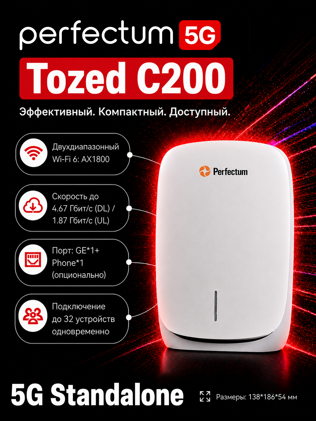 Роутер Wi-Fi 5G Tozed C200 от Perfectum + SIM-карта (только для г. Ташкента и Ташкентской области), 5G Standalone