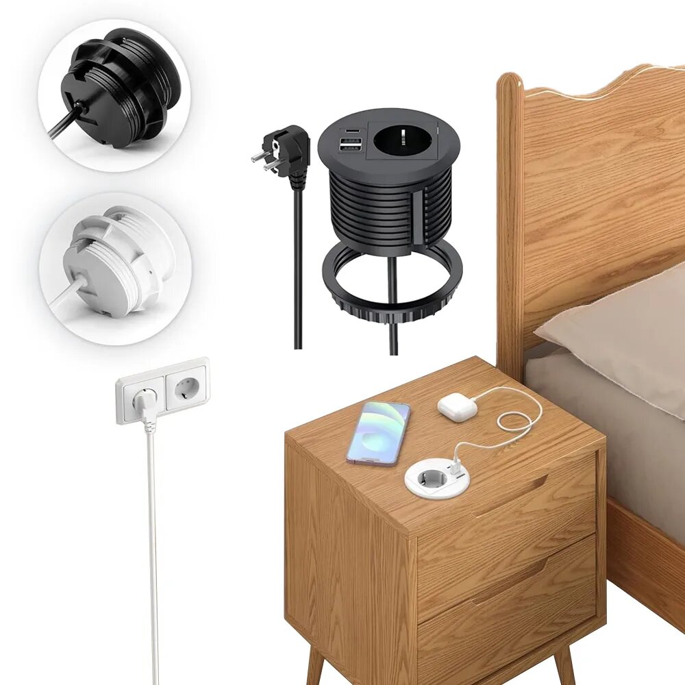 Встраиваемая выдвижная розетка в столешницу для кухни. на 1 розетки + 3 USB. с кабелем 1.7 м с вилкой