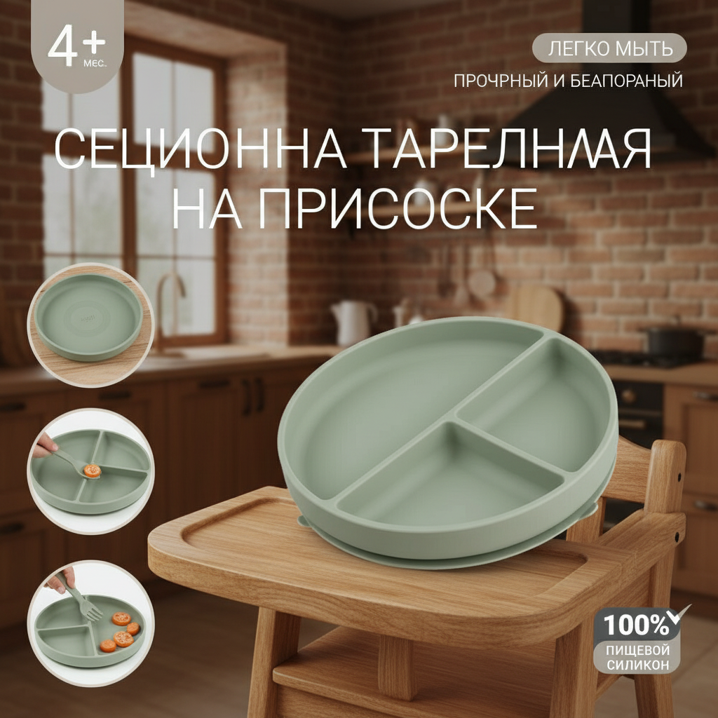Оригинальная силиконовая тарелка с 3 секциями и присоской для кормления цвет шалфей