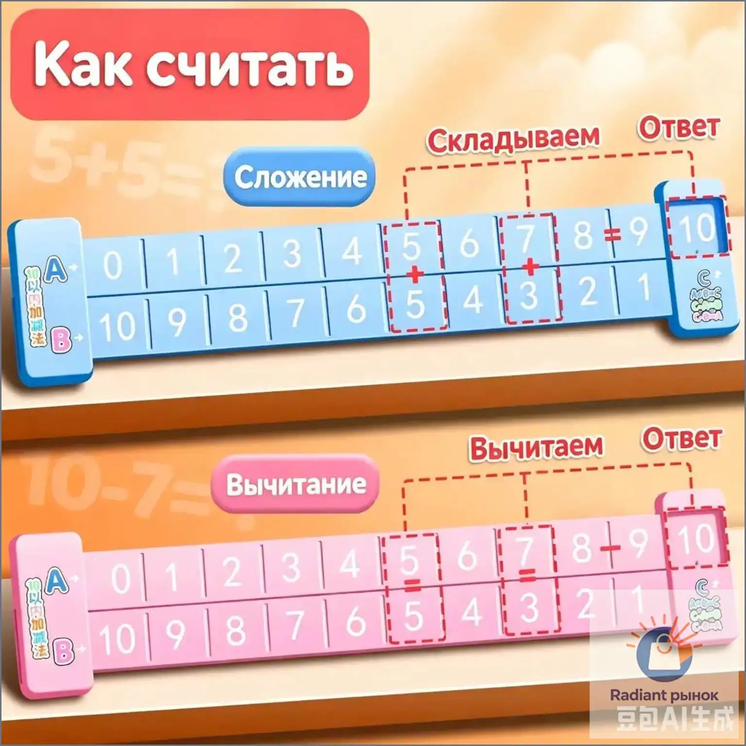 Популярный тренажер для сложения и вычитания до 20, линейка