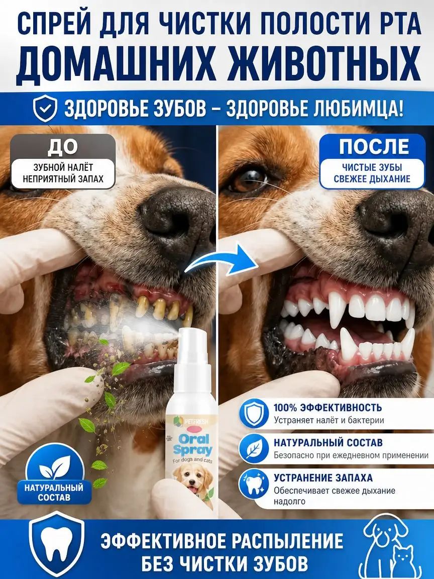 Спрей для чистки полости рта домашних животных. Удаляет зубной налёт и камень, освежает дыхание, не требует зубов, съедобен. 30 мл