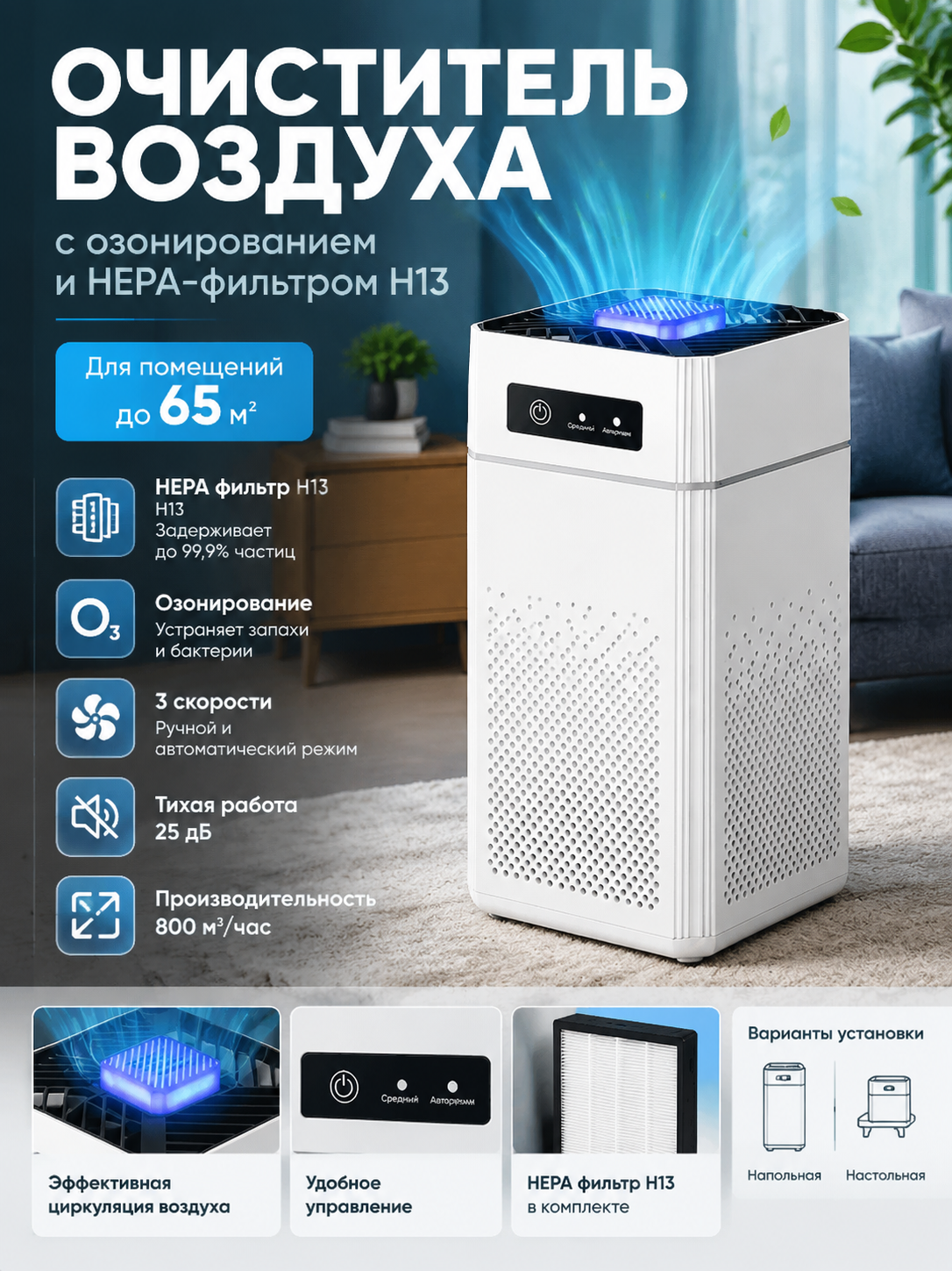 Воздухоочиститель с озонированием и HEPA-фильтром H13 для помещений до 65 м²