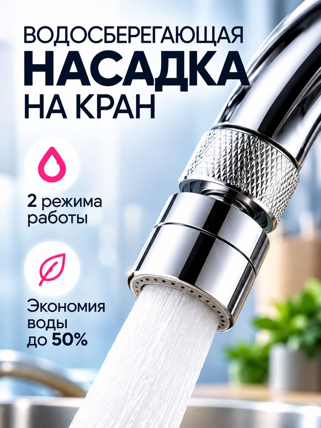 Насадка на кран водосберегающая: аэратор, из пластмассы (Высота насадки -27 мм, диаметр основания -29 мм)