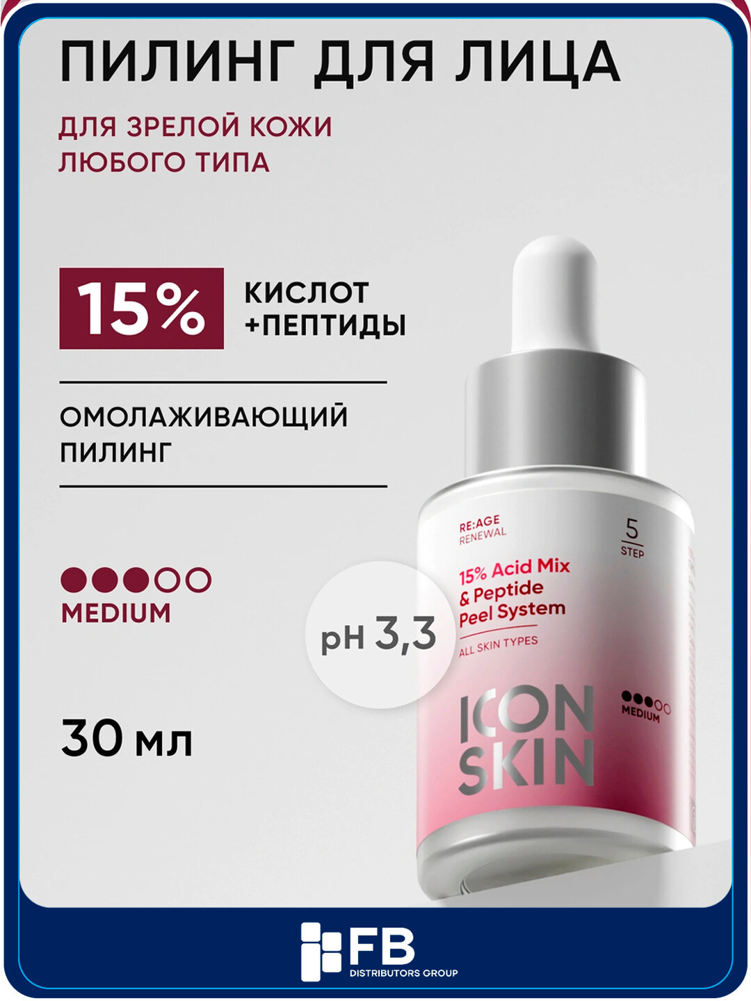 Мощный пептидный пилинг 15% Icon Skin, омолаживающий и обновляющий, для зрелой кожи, 30 мл