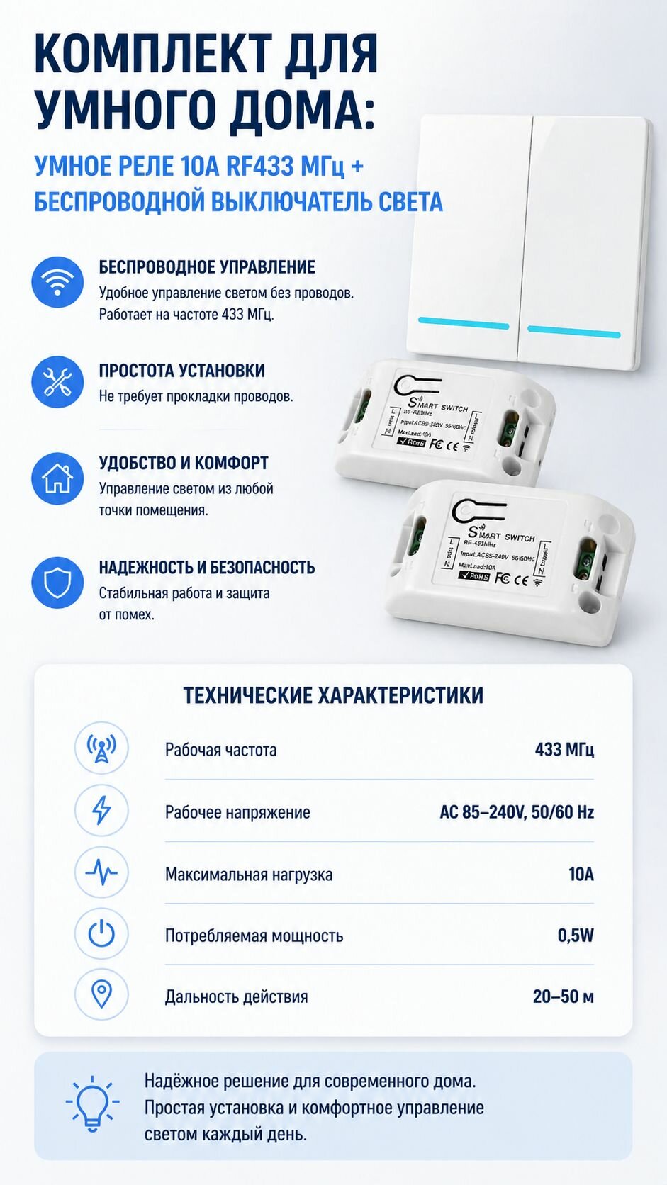 Комплект для умного дома, умное реле 10А RF433 МГц, AC 85-240В+ беспроводной выключатель света, белый (СФ)