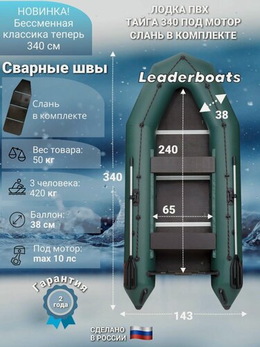 Изображение товара Новинка! Лодка ПВХ под мотор Тайга-340 с жесткой сланью зеленая