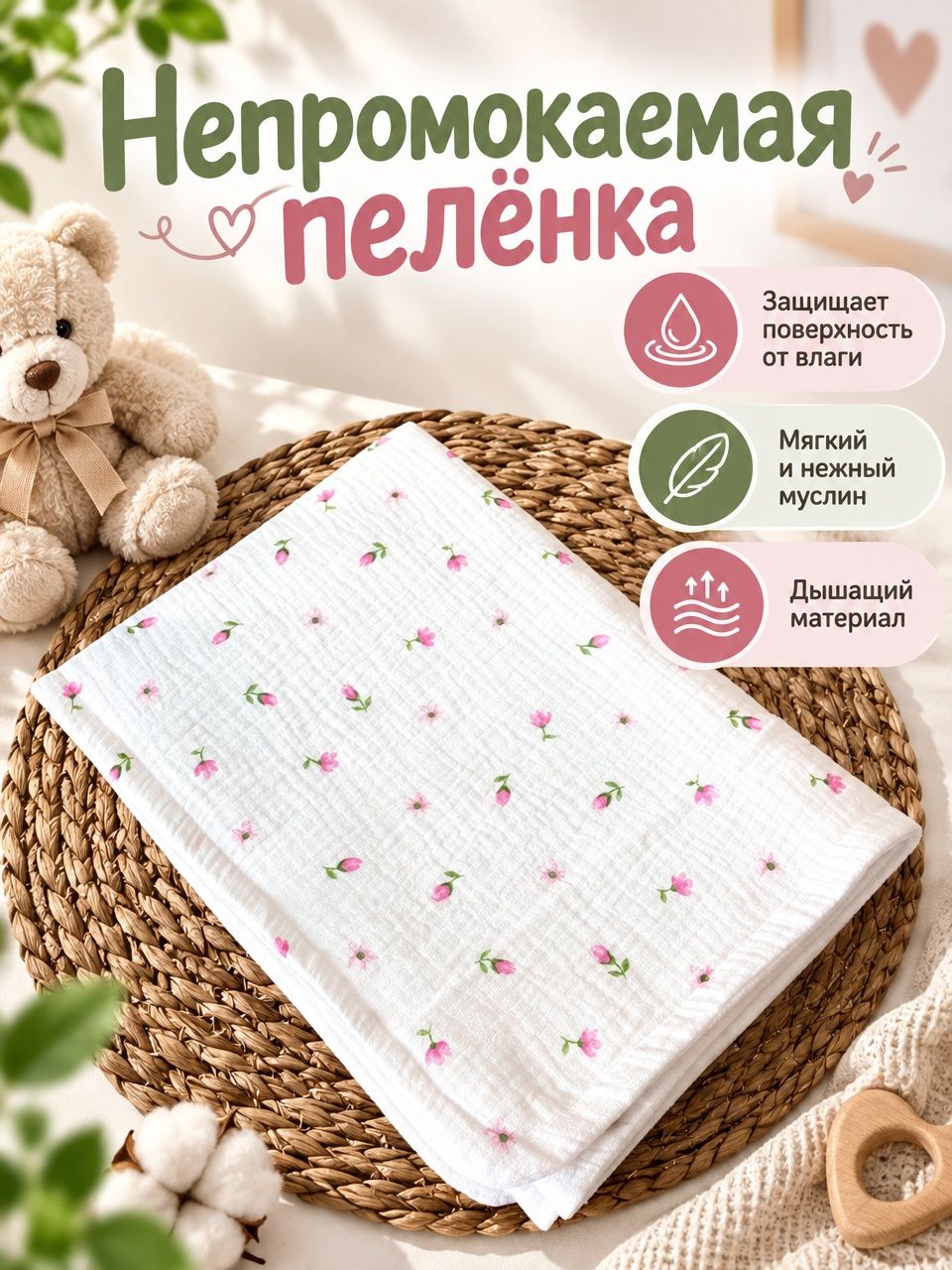 Муслиновая непромокаемая многоразовая пелёнка 60/90 см "Цветочки"