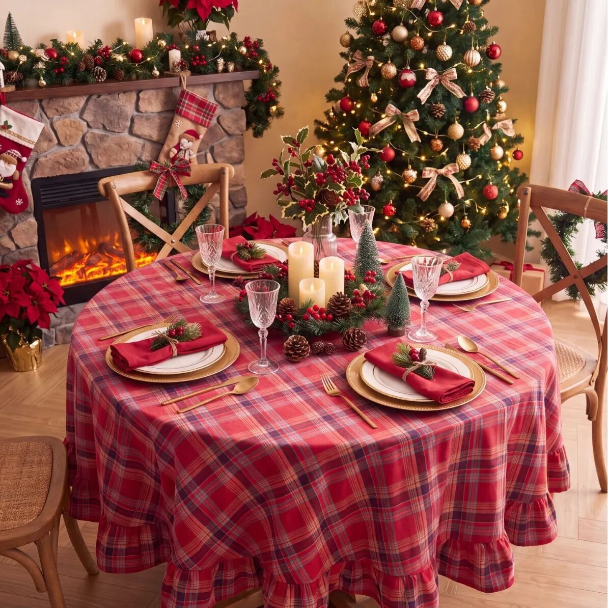 Круглая скатерть Yan Ting в клетку из полиэстера для праздника D180cm, Red Plaid