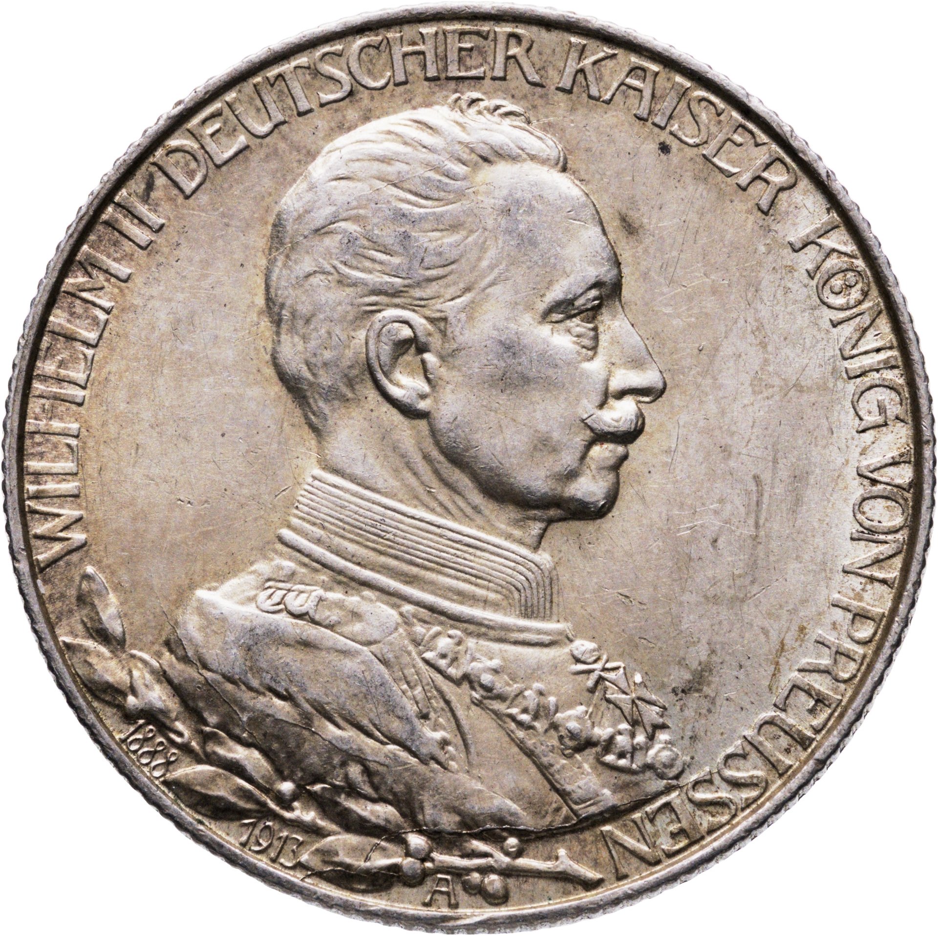 Германская империя, Пруссия 2 марки mark 1913 "25 лет правлению Вильгельма II", Серебро 900, в сохранности UNC