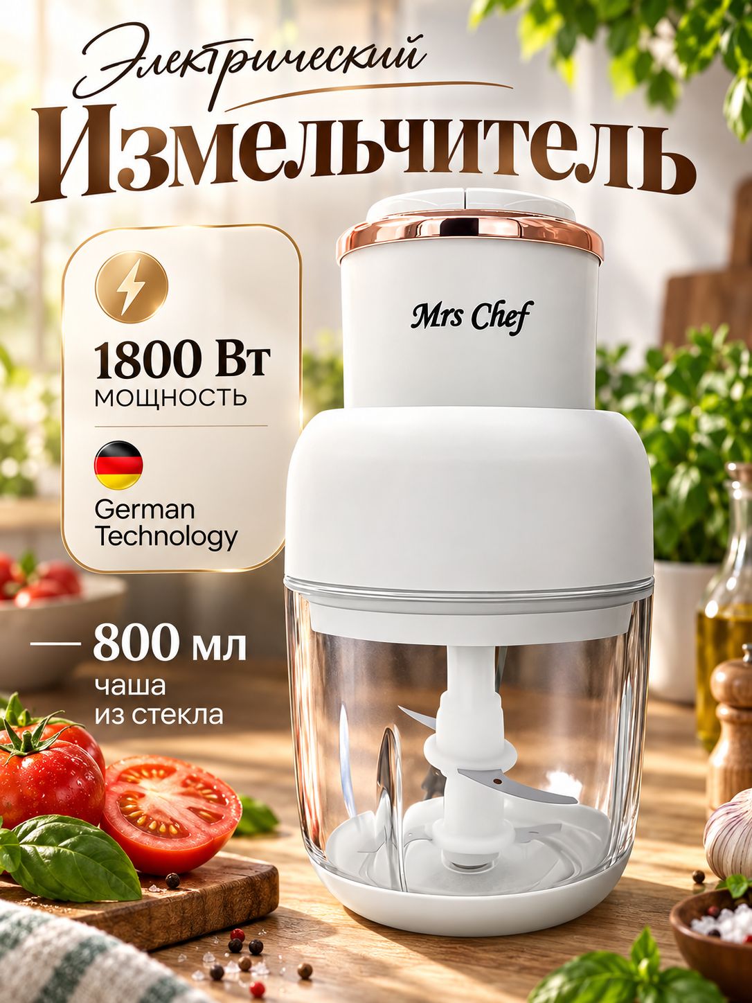 Mrs Chef / Измельчитель кухонный электрический. Стеклянная чаша. Объем 800 мл. Мощность 1800 Вт