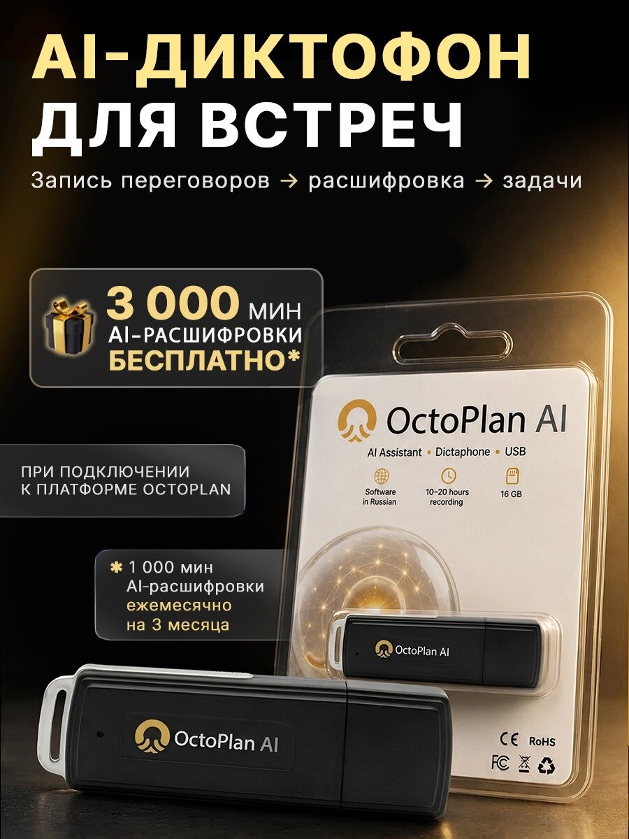 Диктофон OctoPlan AI, 16 ГБ +1000 минут в месяц на 3 месяца