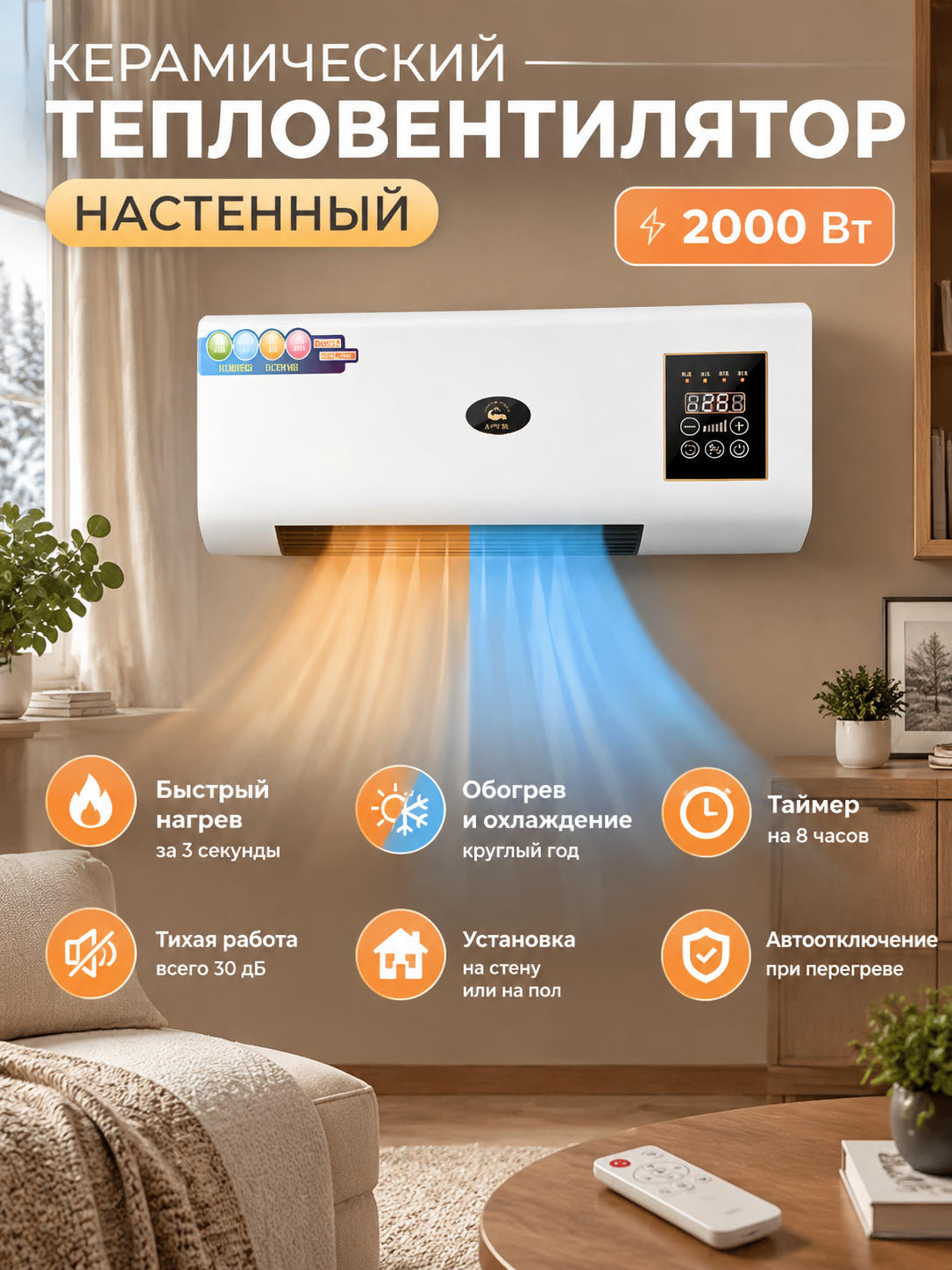 Керамический настенный тепловентилятор 2000 Вт с пультом, таймером 8 ч и обогревом зимой