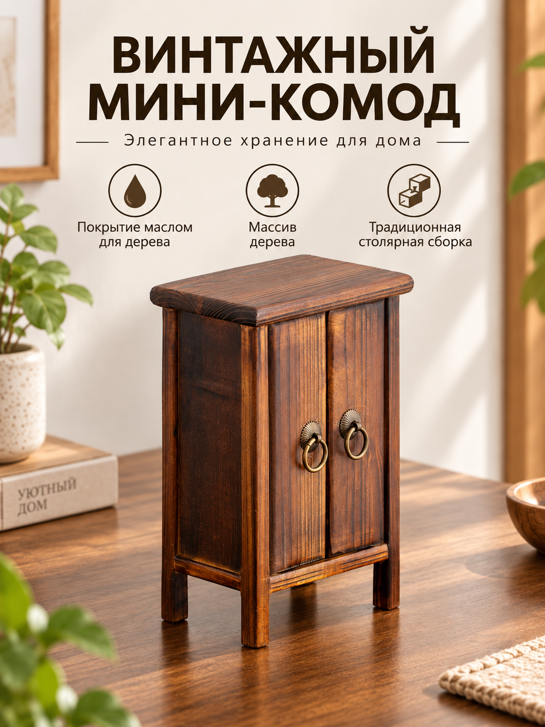 Винтажный мини‑комод ручной сборки, деревянный настольный шкафчик, покрытие маслом, для аксессуаров и декора в интерьере