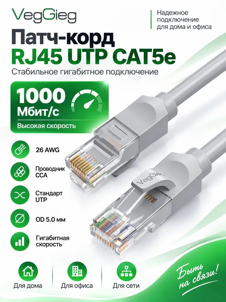 VegGieg Кабель для интернет-соединения RJ-45/RJ-45, 2 м, светло-серый
