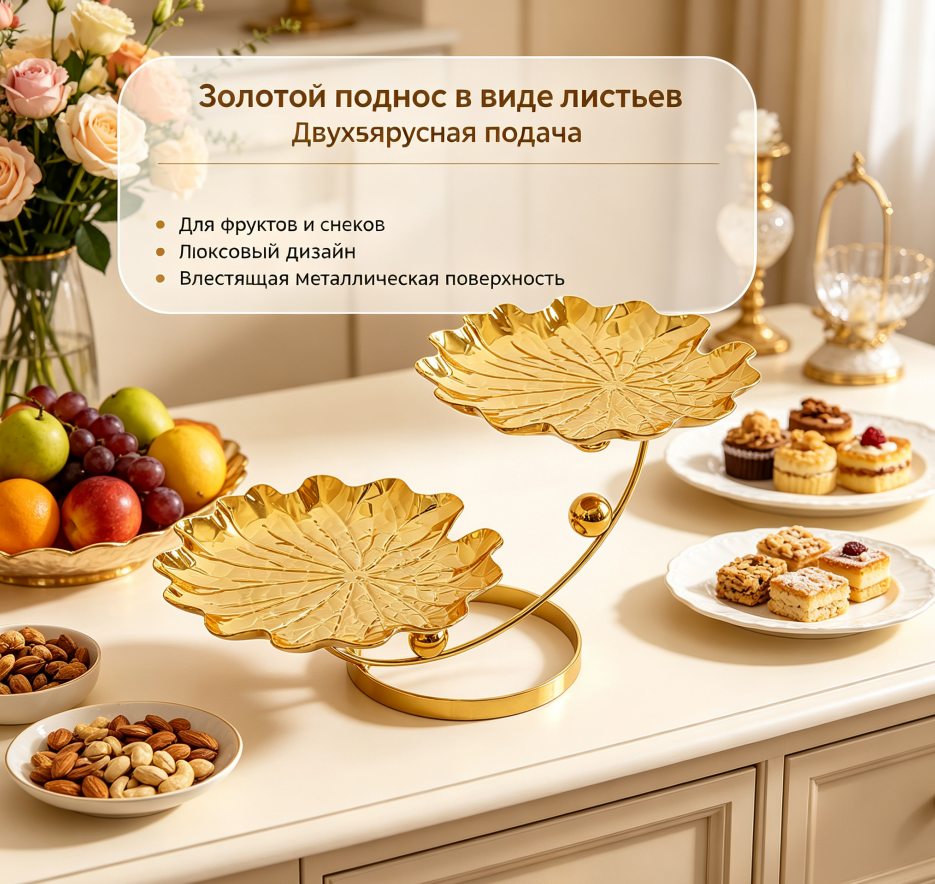 Позолоченный поднос в форме лотоса, одноярусный/двухярусный, поднос для фруктов, украшений, декор для дома