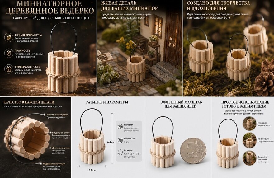 Ведро Для Игры Детское Из Дерева Симуляция Воды Аксессуар Для Мини Дома 6.4X3.1X3.1Cm