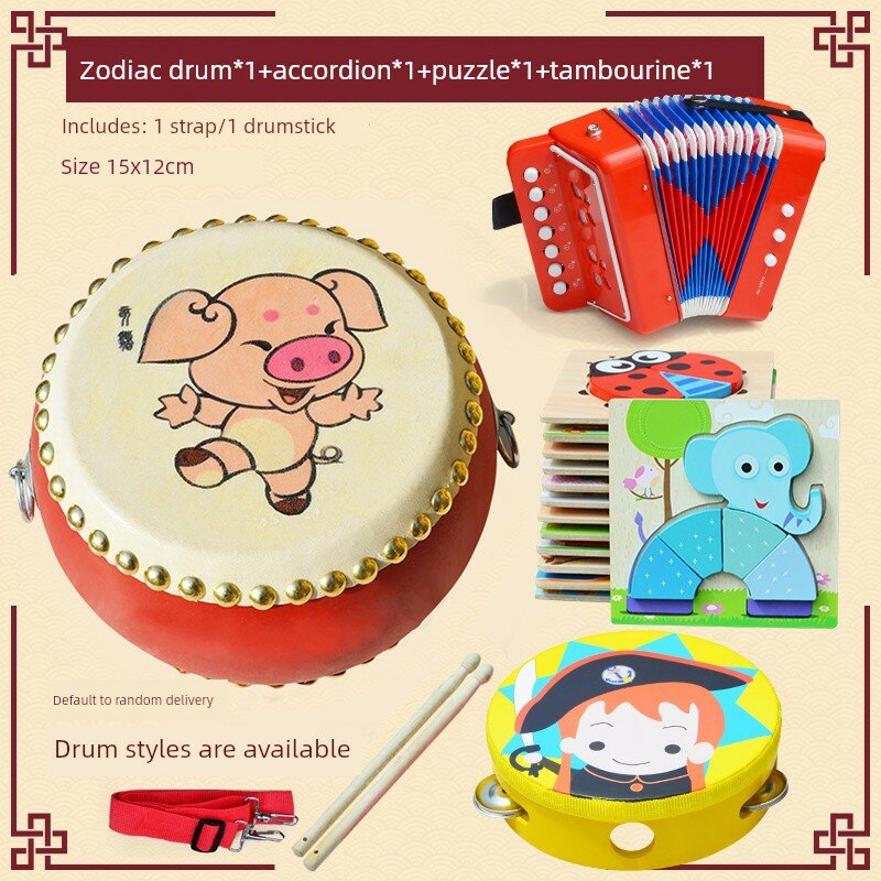 Комплект детского барабана с аккордеоном, пазлом и тамбурином, музыкальная игрушка для детей