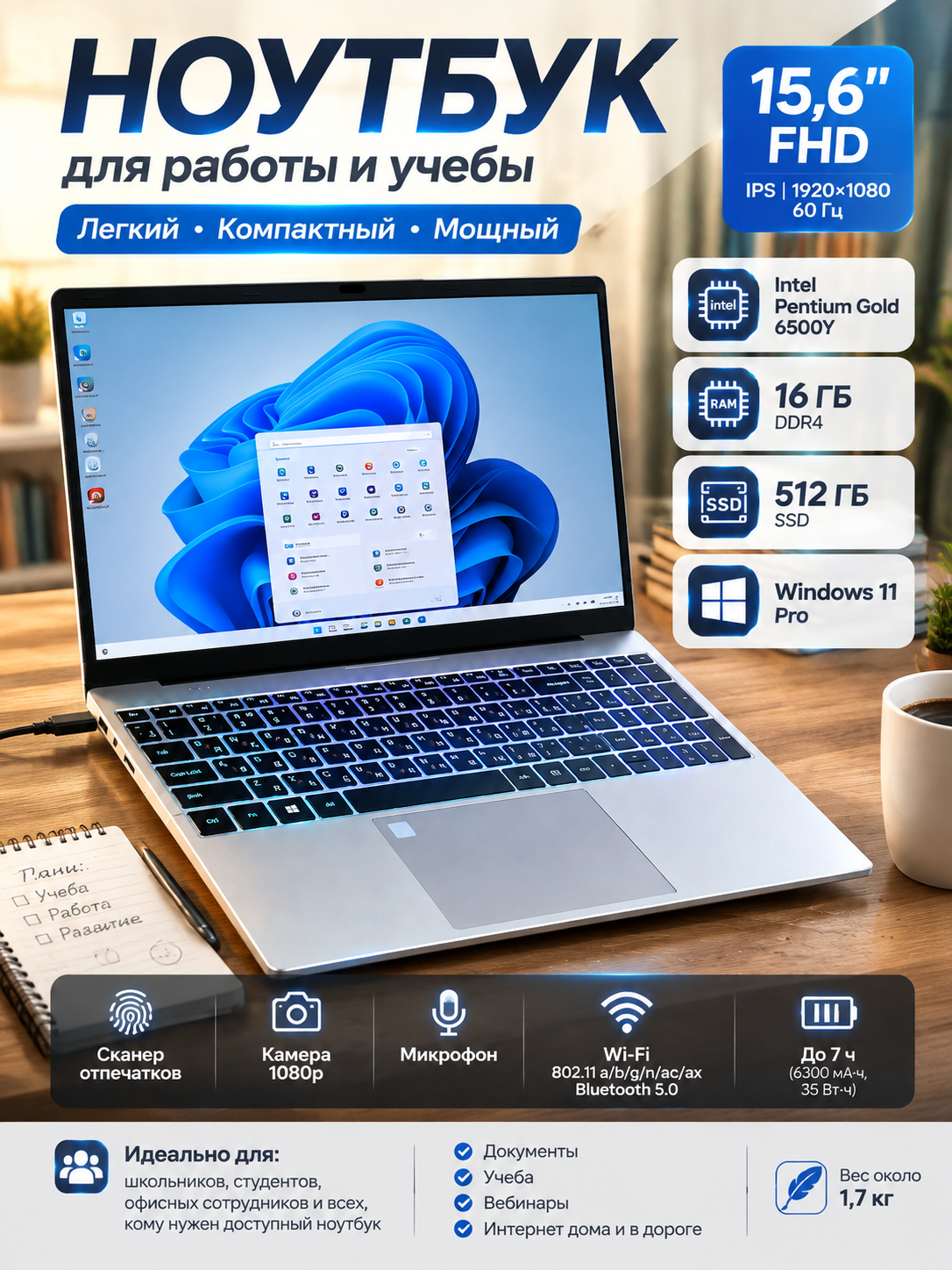 Ноутбук 15,6" FHD Intel Pentium Gold 6500Y 16 ГБ RAM 512 ГБ SSD Windows 11 Pro — легкий компактный