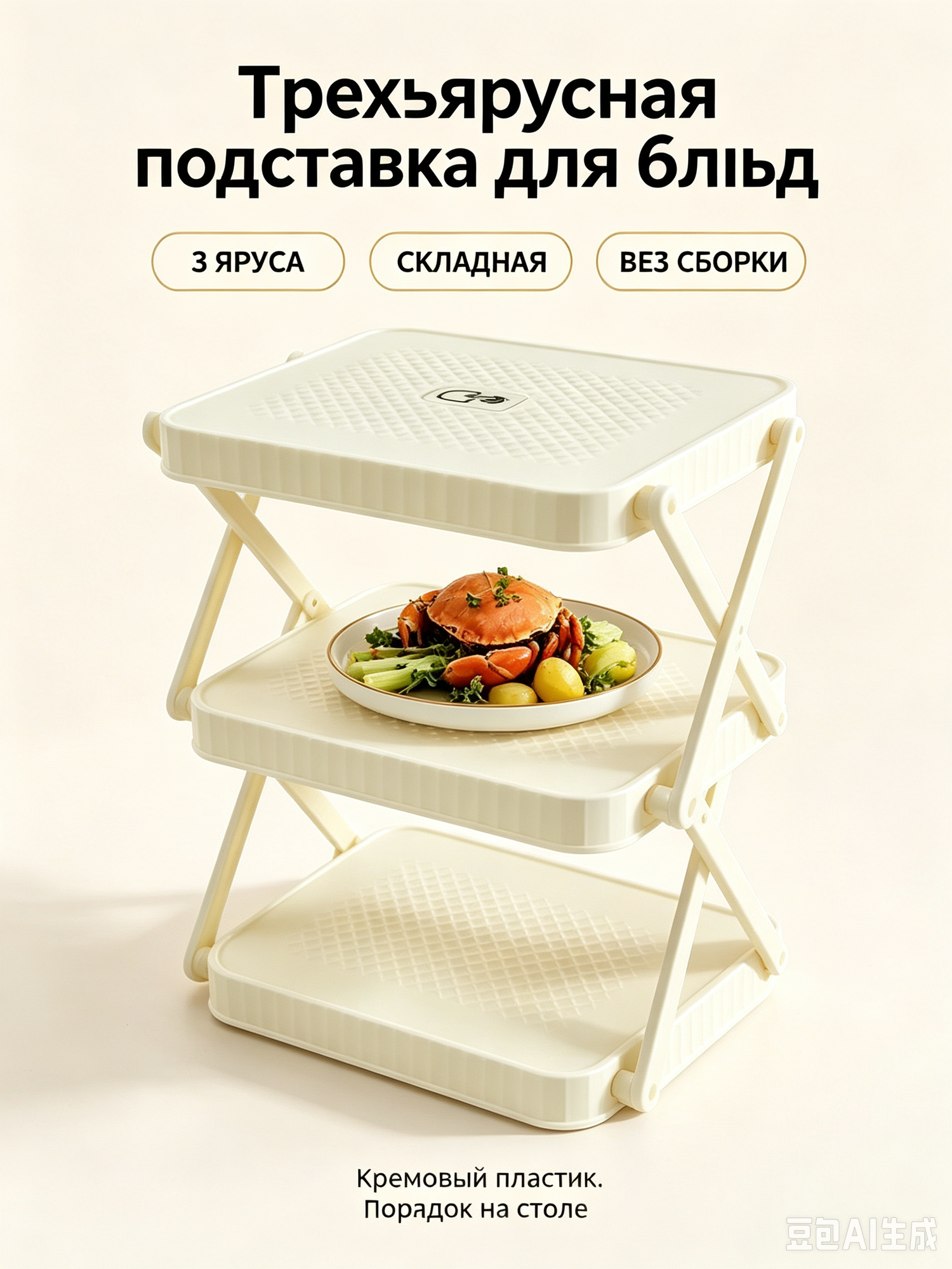 Складная кухонная подставка для блюд 3 яруса, цвет кремовый, АБС пластик - органайзер для подготовки продуктов к ужину