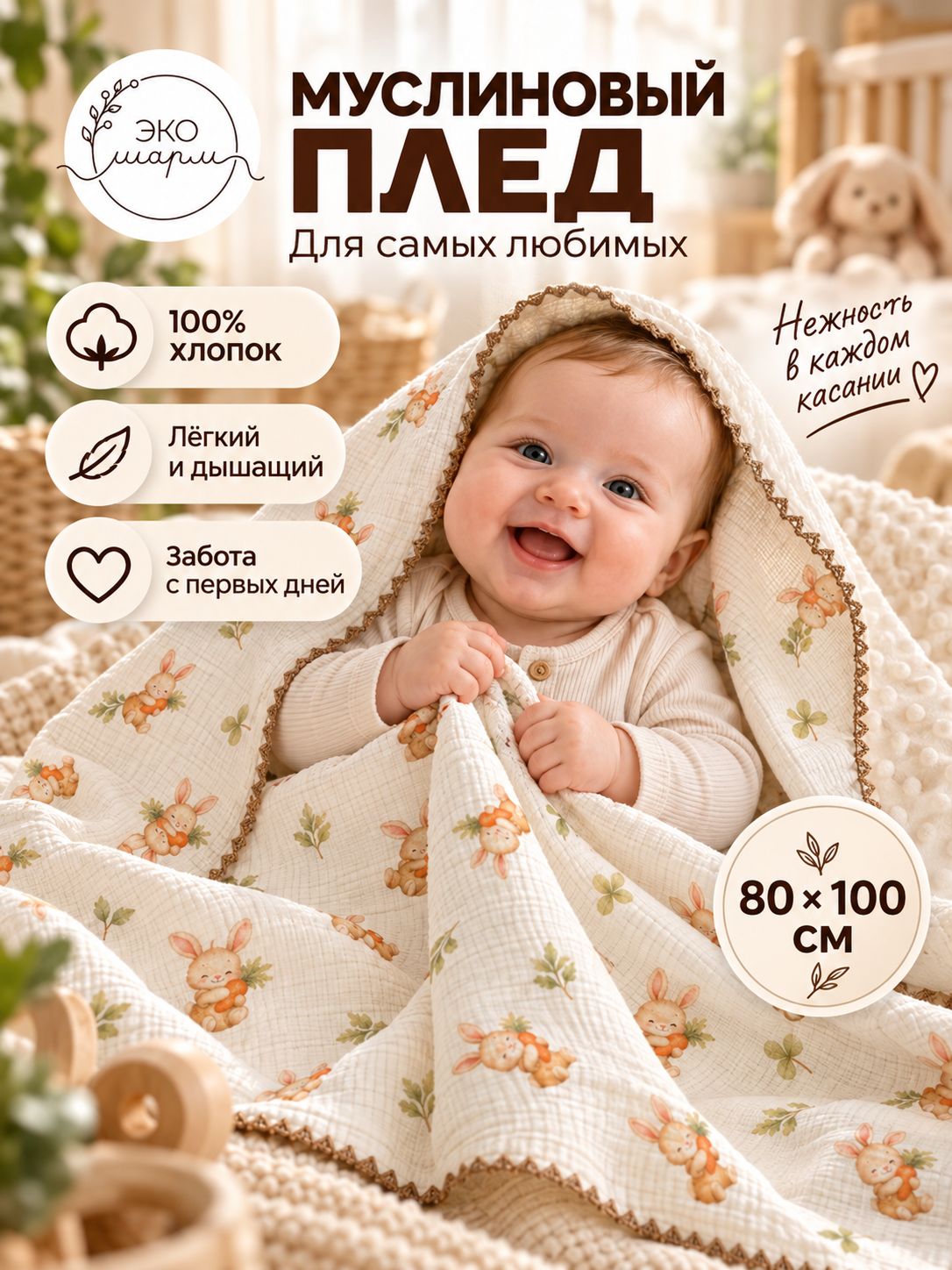 Плед детский для новорожденного 80х100 см в коляску и кроватку