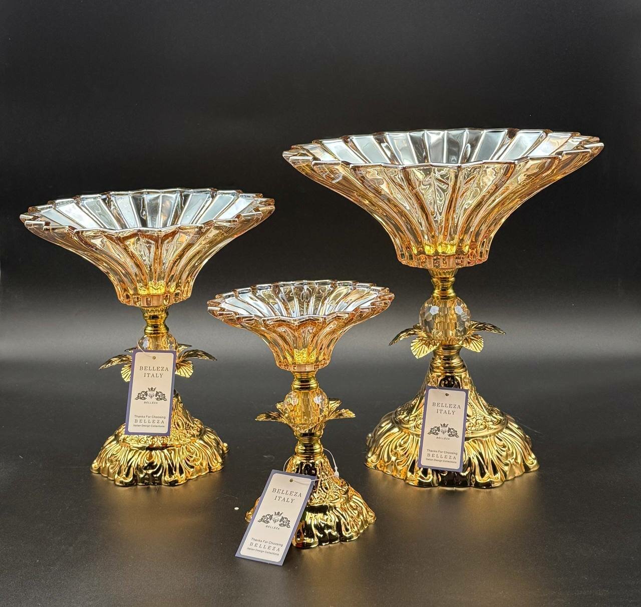 Багема . Комплект хрустальных ваза для фруктов и сладостей на декоративных металических ножках