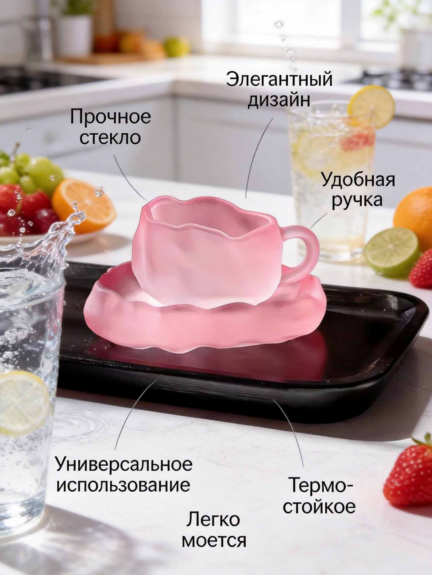 Розовые чашки из стекла Snow Master. Чайная чашка из хрусталя