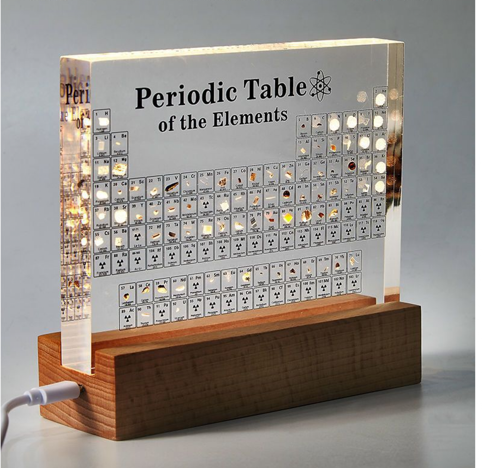 Периодическая таблица химических элементов MyPads с натуральными 3D элементами, прозрачный корпус, деревянная подставка с подсветкой