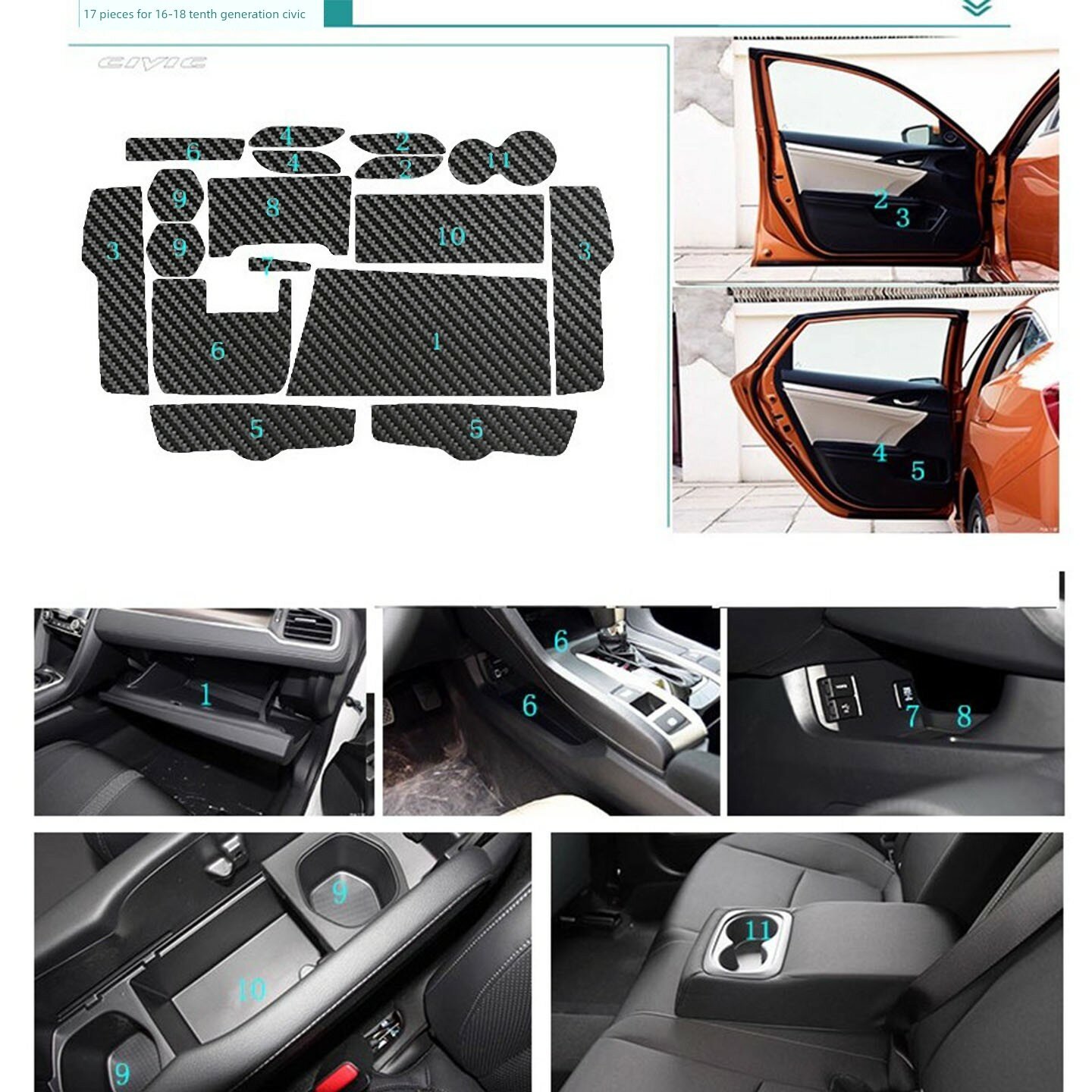 Карбоновое антипробуксовочное коврик для дверного проема Honda Civic 10-го поколения 2016-2021 гг. - премиум-аксессуар