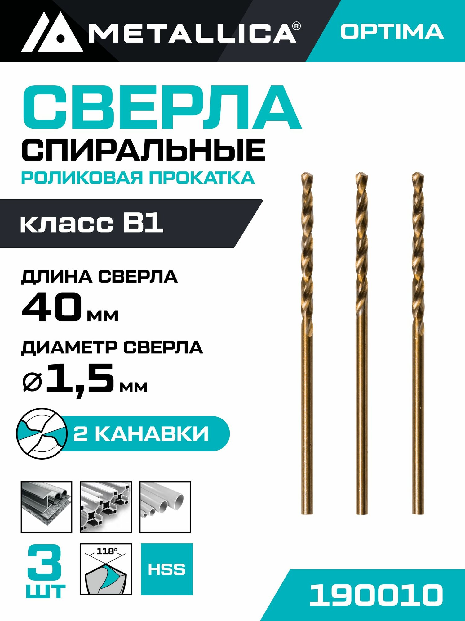 Сверло по металлу METALLICA Optima 1,5х40/18 мм, HSS4341-RF, подточка, 3 шт
