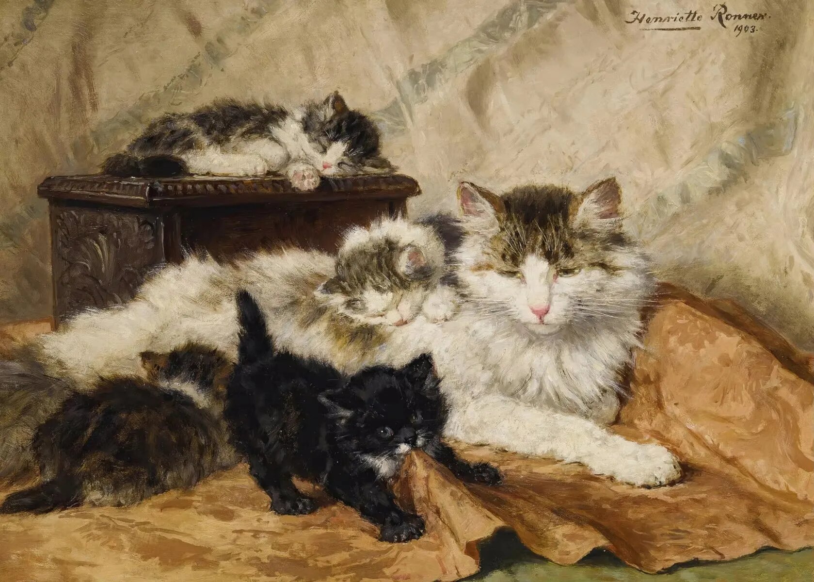 Постер "Кошка с котятами", 30x40 см, фиолетовый, без рамки