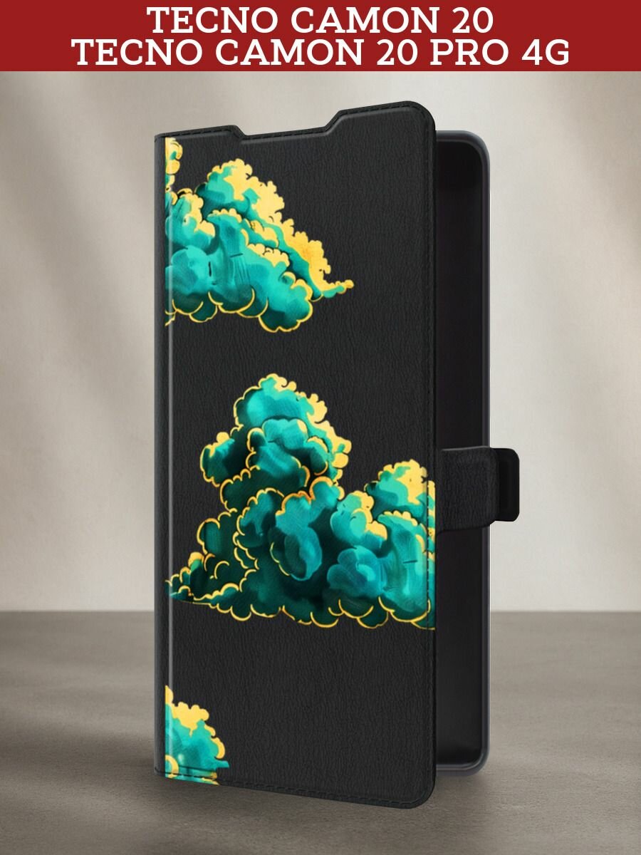 Чехол-книжка на Tecno Camon 20/20 Pro 4G / Текно Камон 20/20 Про 4G с принтом Звезды с облаками, черный