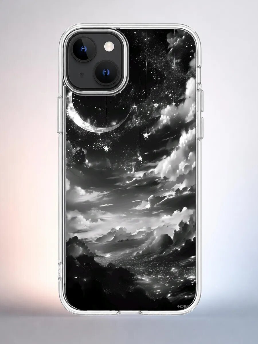 Чехол iPhone 15 луна и звёзды силиконовый прозрачный