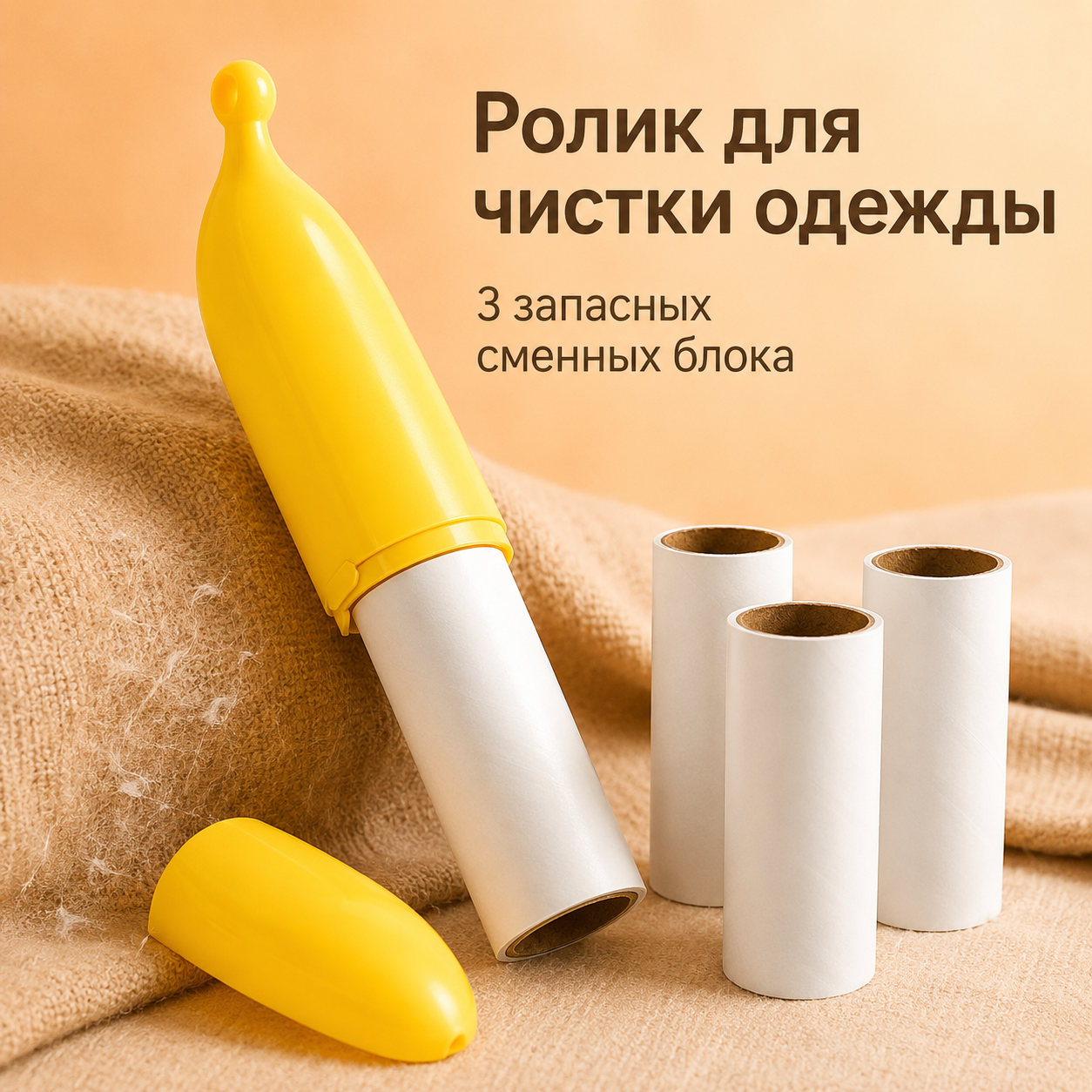 Ролик для чистки одежды в форме банана, 3 сменных липких блока, желтый