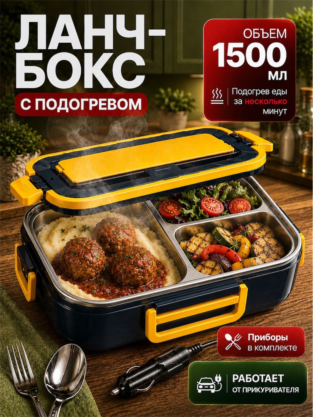 Ланч бокс с подогревом для еды 1500мл, Электрический ланч-бокс с подогревом от сети и автомобильного прикуривателя