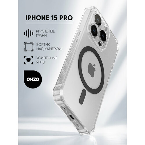 фото Противоударный чехол для iphone 15 pro / бампер на айфон 15 прозрачный с зеленым мэгсэйф onzo
