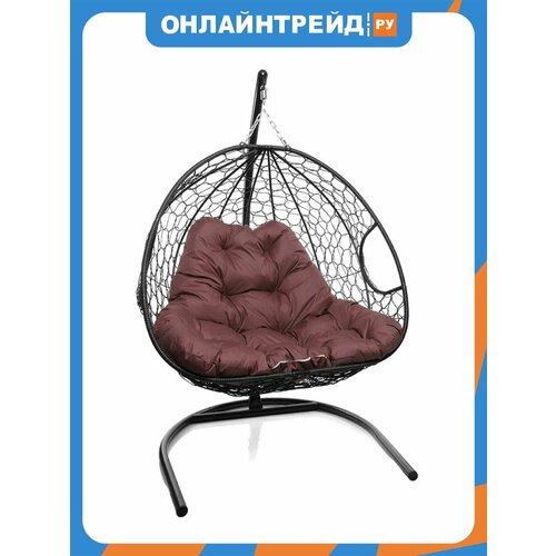 фото Подвесное кресло кокон двухместное m-group для двоих с ротангом чёрное+бордовая подушка