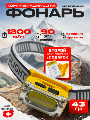 Изображение товара Фонарь налобный аккумуляторный мощный. Портативный. Крепление для одежды и кепки. Магнит. Цифровой индикатор заряда.