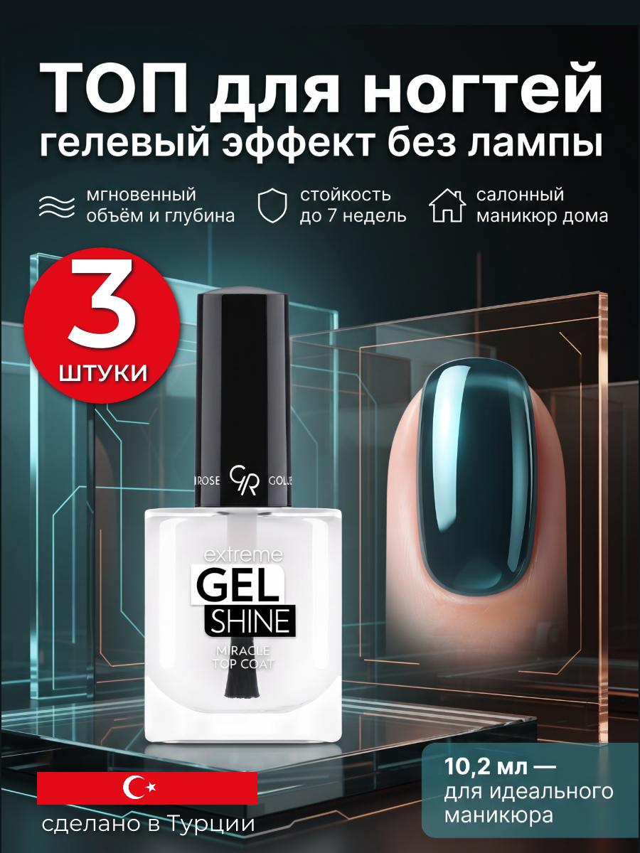 Блестящее ТОП верхнее покрытие для ногтей с эффектом гель лака, сохнет без лампы, гелевое для объема и ультраблеска маникюра и педикюра Golden Rose Extreme Gel Shine Miracle Top Coat, набор 3 шт