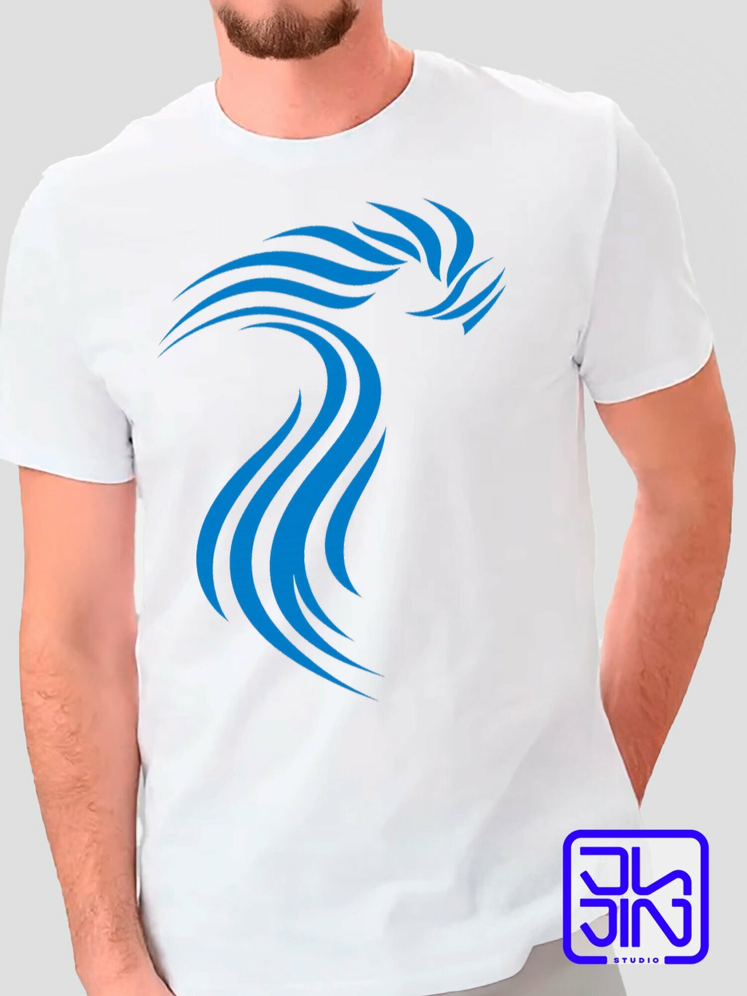 Футболка классическая мужская с авторским принтом Абстрактная синяя волна с голубыми полосами океана в минималистичном стиле, белый хлопковый трикотаж с прикольным рисунком на груди