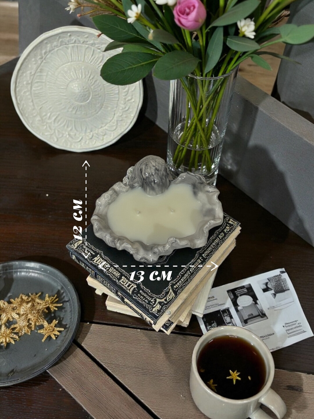 Декоративная арома-свеча "Мидия", гипс, ручная работа, серый меланж